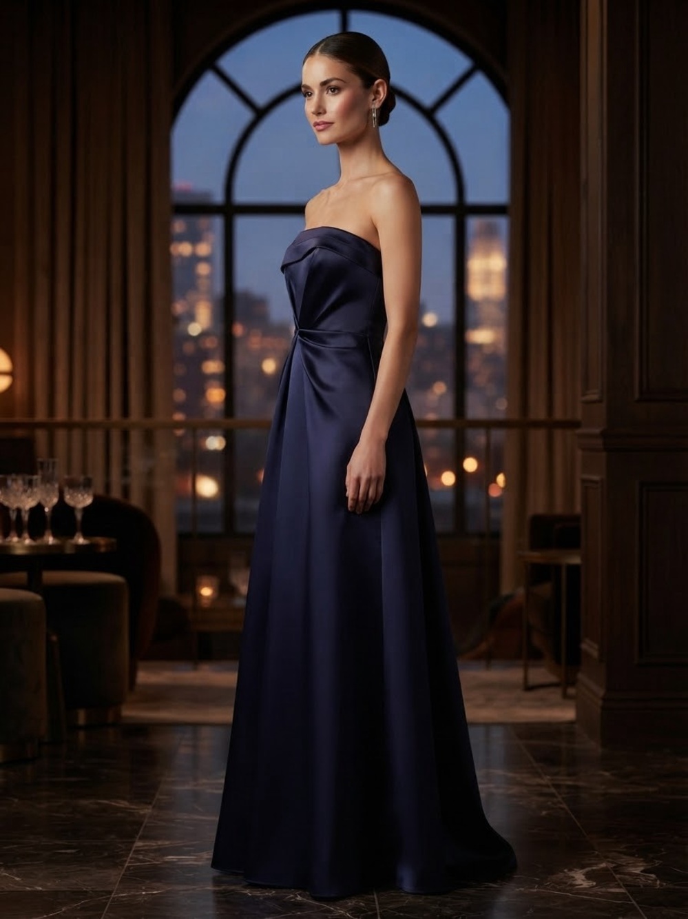 Night Way Collections Strapless Navy Satin Gown